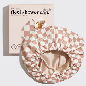 Terracotta Checker Satin Flexi Shower Cap