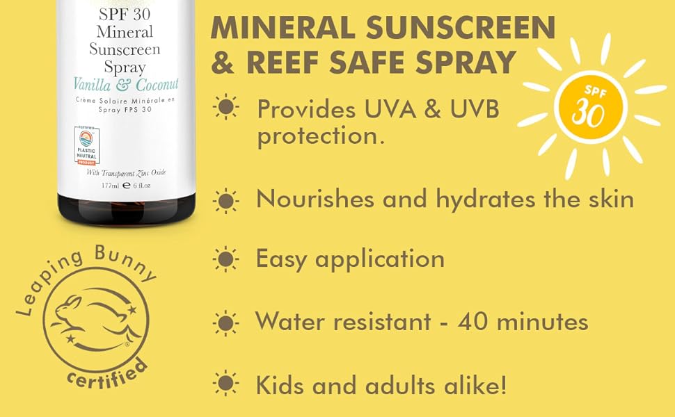 Mineral sunscreen spray bottle with product details on a yellow background
